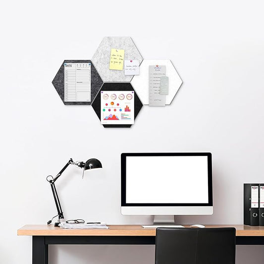 12" Large Bulletin Board with 15 Push Pins, Pack of 4 Hexagon Felt Pin Board Notice Boards for Home Office, Felt Wall Tiles for Photos Memos (Black Grey)