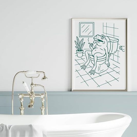Jatinoo Funny Frog Bathroom Art Framed Canvas - 11.5x15 Inch Meme Wall Decor for Women Men, Cute Aesthetic Frog Decor, Funky Unique Bathroom Pictures for Forest Western Theme