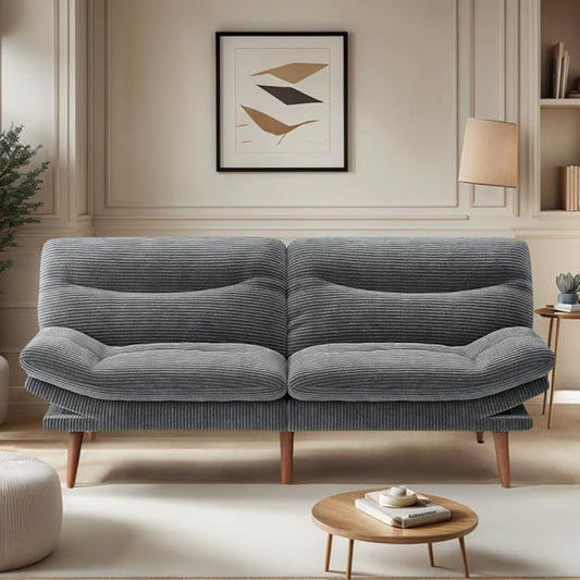 Amada 66" Convertible Futon Sofa Bed, Corduroy Folding Futon Set with Adjustable Backrest &Armrests, Recliner Lounge for Living Room, Apartment or Office, Solid Wood Frame, Loveseat Sofa - Grey