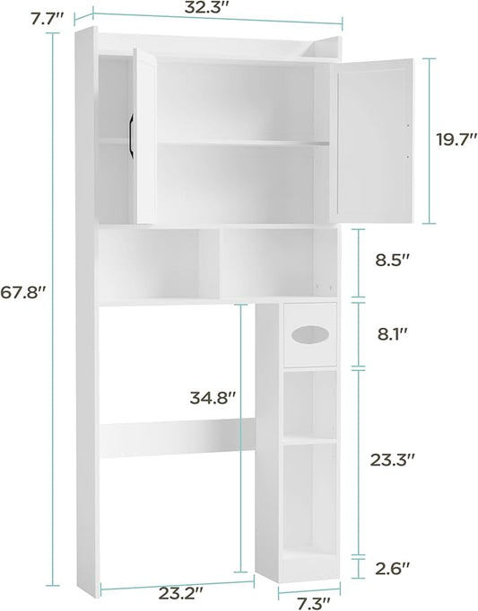 MHOM 67.8" H Over The Toilet Storage Cabinet with Adjustable Shelves & Toilet Paper Holder, Farmhouse Over Toilet Bathroom Organizer, Double Door Toilet Cabinet for Bathroom, and Laundry, White