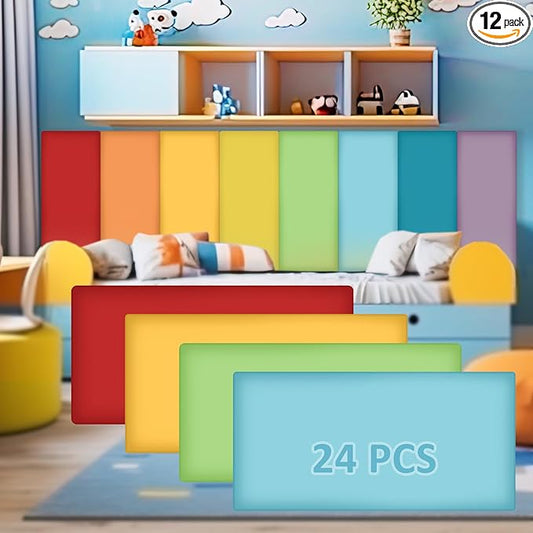 12 Pack Wall Padding for Playroom Peel and Stick Headboard 15.75" x 7.87" x 1.18" 3D Anti Collision Upholstered Wall Panels Self Adhesive Headboard Panel for Protection (Rainbow Colors)