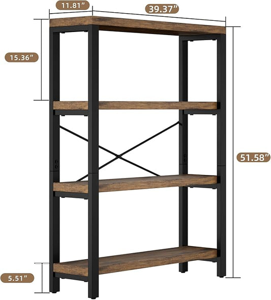 4-Tier 39.37" Wide Heavy Duty Bookshelf, Industrial Wood and Metal Bookshelf, Vintage Bookcase with Lock Wall Design, Living Room Shelf, Rustic Brown