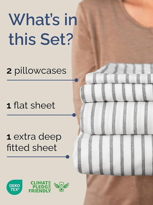 Extra Deep Pocket King Sheets - 4 Piece Breathable & Cooling Bed Sheets - Hotel Luxury Bed Sheet Set - Soft, Wrinkle Free & Comfy - Easily Fits Extra Deep Mattresses - Deep Pocket Grey Striped Sheets