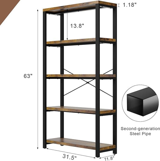 5-Tier Adjustable Heavy Duty Bookshelf, Industrial Wooden Open Storage Rack with Black Metal Frame, Vintage Bookcase with Lock Wall Design, Rustic Brown