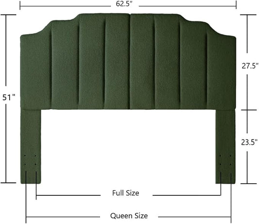 24KF Dark Green Teddy Fabric Tufted for Queen Upholstered Headboard, Modern Vertical Channel Design Full Headboard with Stepped Silhouette Top Edge, 6026-Q-Teddy Dark Green