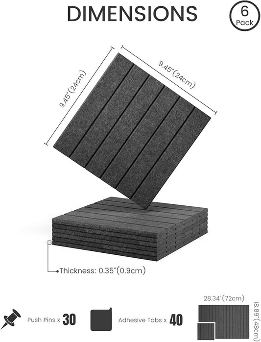 Felt Bulletin Board Tiles -28"x18" with 40 Adhesive Tabs, Cork Board Alternative for Office Decor, Push Pin Board Wall Organizer 6-Pack (Charcoal Gray)