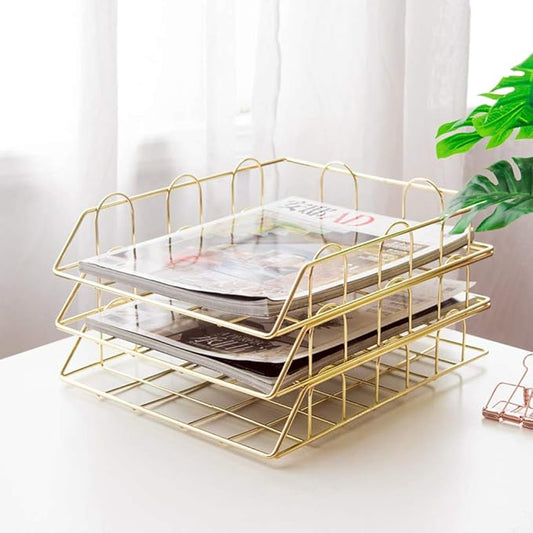 Jolitac Rose Gold 4-Tier Stackable Paper Tray Desk Organizer, Workspace Decorative Stacking Rack Supplies Holder, Metal Letter Trays for File Documents in Home & Office (Gold)