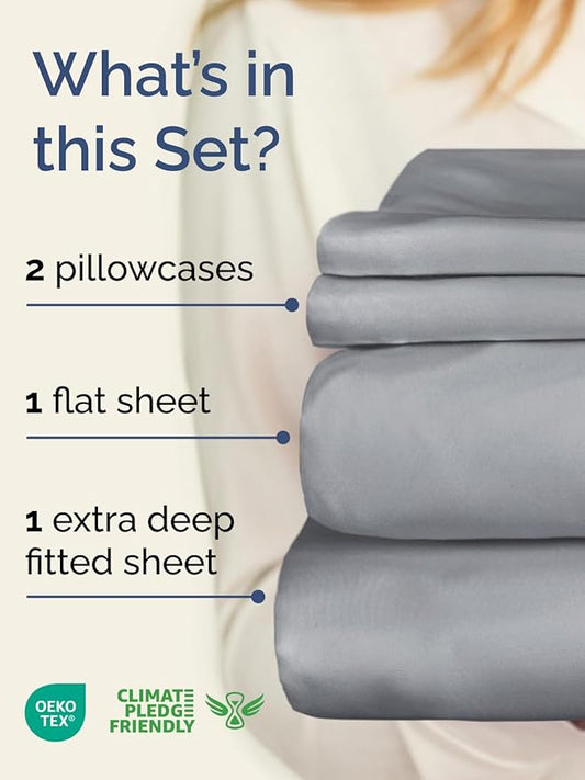 Extra Deep Pocket Cal King Sheets - 4 Piece Breathable & Cooling Bed Sheets - Hotel Luxury Sheet Set - Soft, Wrinkle Free & Comfy - Easily Fits Extra Deep Mattresses - Deep Pocket Steel Blue Sheets