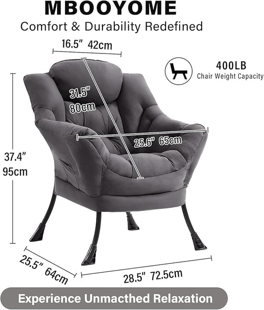 Lazy Chair, Modern Accent Lounge Reading Chair with Armrests, Side Pocket & Metal Frame, Comfy Leisure Chair for Living Room, Bedroom, Dorm & Office, Dark Grey