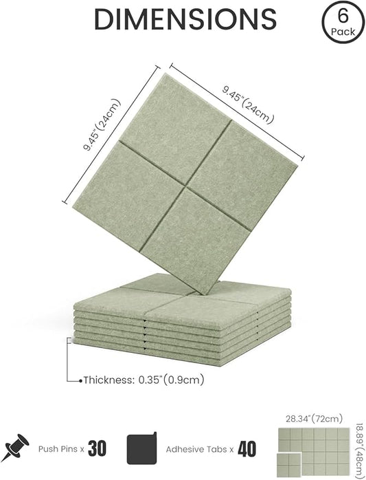 Felt Bulletin Board Tiles -28"x18" Cork Board Alternative for Office Decor, Push Pin Board Wall Organizer 6-Pack - Sage