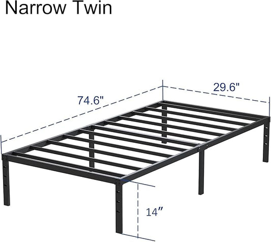 Heavy Duty Narrow Twin Bed Frame No Box Spring Needed, 14 Inch Metal Platform Narrow Twin Bed Easy Assembly, Noise Free, 30x75 Inch, Black