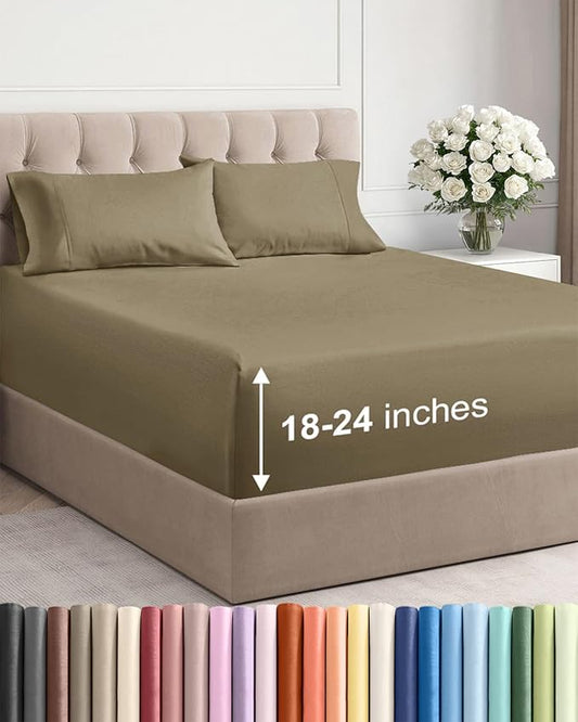 Extra Deep Pocket Cal King Sheets - 4 Piece Breathable & Cooling Bed Sheets - Hotel Luxury Bed Sheet Set - Soft, Wrinkle Free & Comfy - Easily Fits Extra Deep Mattresses - Deep Pocket Khaki Sheets Set