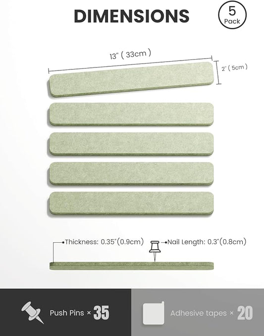 Cork Board Alternative Felt Strip Board 5-Pack 13"x2", Office Pin Board with 35 Push Pins, Adhesive Install for Bedroom Door & Home Office(Sage)
