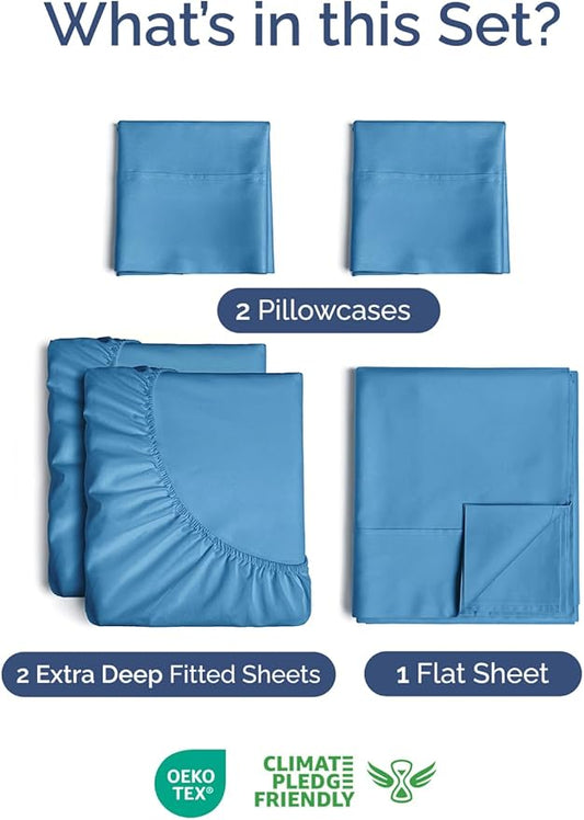 Extra Deep Pocket Split King Sheets - 5 Piece Breathable & Cooling Bed Sheets - Hotel Luxury Bed Sheet Set - Soft, Wrinkle Free & Comfy - Easily Fits Extra Deep Mattresses - Denim Blue Sheets Set