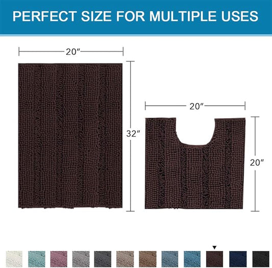 Bathroom Rugs Bath Rug Set 2 Piece Bathroom Contour Rug Toilet Mat Sets Non Slip Contour Bath Rug Set Ultra Thick Water Absorbent Striped Bath Mats Washable(20" x 32" Plus 20" x 20" U, Chocolate)