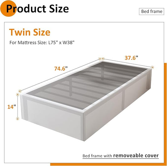 Twin Bed Frame with White Fabric Cover 14 Inch, Heavy Duty Metal Bed Frame Twin, No Box Spring Needed, Support Up to 2500 lbs, Easy Assembly, Noise Free, Black