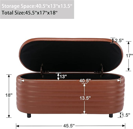 Storage Ottoman Bench Upholstered PU Leather End of Bed Stool with Safety Hinge for Bedroom, Living Room, Entryway (44.5-inch, Brown), TN2436