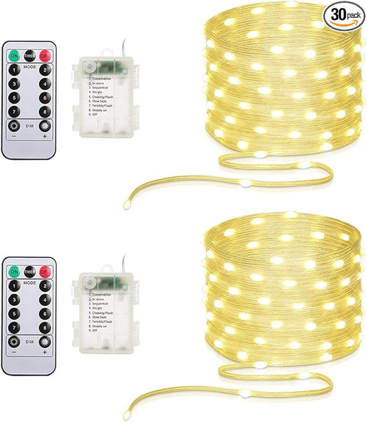 16.5ft Battery Operated String Lights (2 Pack), 50 LED Fairy String Lights Battery Powered with Remote & Timer for Indoor Outdoor Christmas Trees Wreath Decoration Bedroom Patio - Warm White