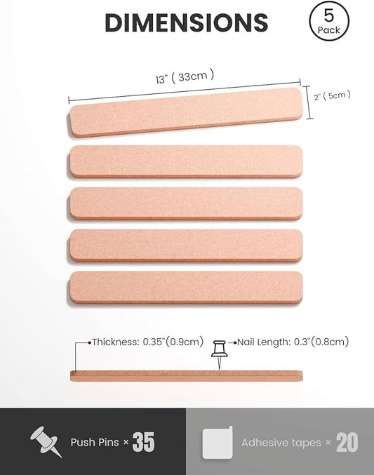 Cork Board Alternative Felt Strip Board 5-Pack 13"x2", Office Pin Board with 35 Push Pins, Adhesive Install for Bedroom Door & Home Office(Pink)