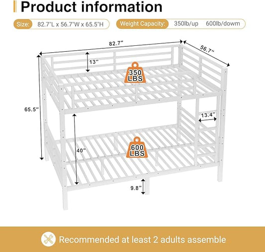 Full XL Over Full XL Bunk Bed, Metal Bunk Bed Frame Heavy Duty Bunk Beds Loft Bed Frame with Ladder and Guardrail Metal Slats No Box Spring Required for Adults Teens, White