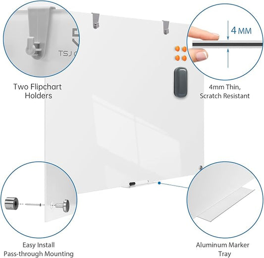 TSJ OFFICE Glass Dry-Erase Board - 48 x 32 Inches Brilliance White Magnetic Glass Whiteboard, Wall Mounted Large Frameless White Board for School, Home & Office