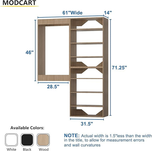 Modular Closet System, 61" Wide Closet Organizer System with Towers and Hanging, Wood Closet Tower Storage for Walk In Closets, Wall Mounted Wardrobe Organizer Kit System, Bedroom, Wood