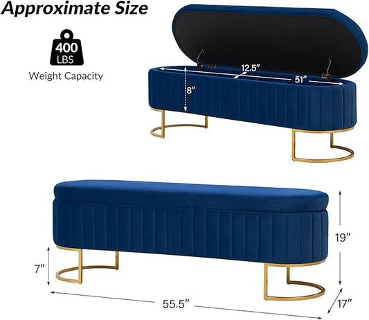 EcoHarbor Living 55.5" Storage Bench Ottoman End of Bed Bench Bedroom Bench, Upholstered Velvet Long Window Bench Large King Size with Gold Legs, Flipping Lid Entryway Footrest