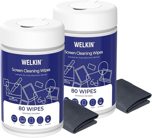 WELKIN 80 * 2 Electronics Cleaning Wipes - Non Toxic Screen Cleaner, Streak Free Touchscreen Cleaning for All Phones, Laptop, Computer, TV and Car,2 X Microfiber Cloth Included