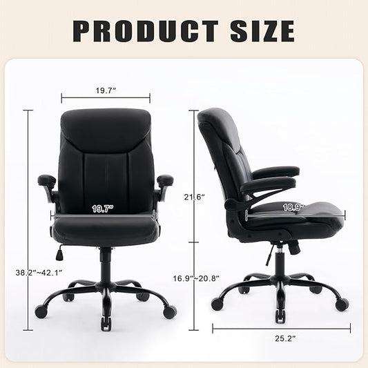 Office Chair, Ergonomic Computer Chair with Flip-up Arms Home Desk Chairs Comfy PU Leather Executive Mid Back Support Adjustable Height Tilt Lock Swivel Rolling Wheels, Black