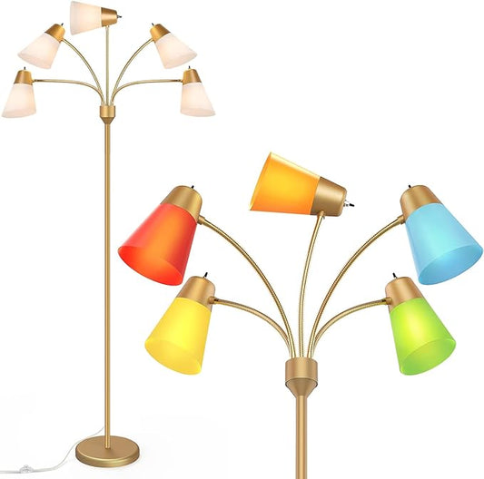FOLKSMATE LED Floor Lamp, Medusa Multi Head Modern Tall Standing Lamps, Adjustable Corner Reading Floor Light for Living Room, Bedroom, Kids Room, White and Colored Lampshades, Brass Gold