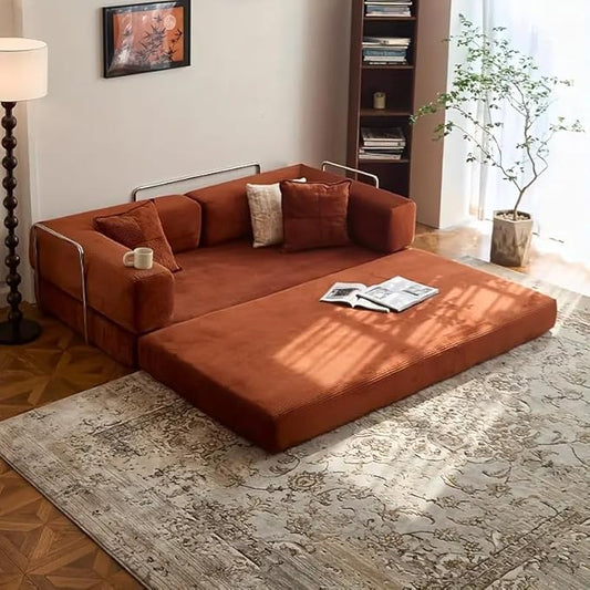98.4" Convertible Sofa Bed - Compression Sofa with Corduroy Fabric - with Armrests and Backrest - Modular Sectional for Living Room, Bedroom, Studio - Compression Sofa in Box (Orange)