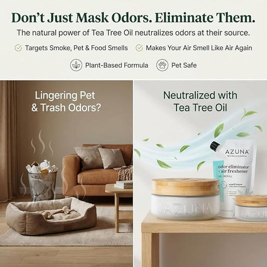 Azuna Air Freshener & Odor Eliminator for Strong Odor | 2 Room Kit Includes (2) 8 oz. Empty Luxe Glass Jars & 12 oz | Refill with Tea Tree Essential Oil Gel | Amalfi Breeze | Last 60-90 Days