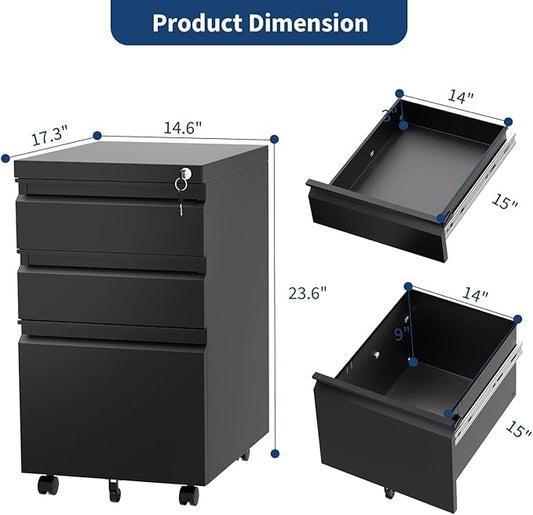Three-Drawer Filing Cabinet Lockable Under-Desk Side Storage Cabinet Caster-Equipped Filing Cabinet Fits Legal/A4 Paper Sizes Adjustable Shelves Ideal for Office/Home Workspaces - Jet Black
