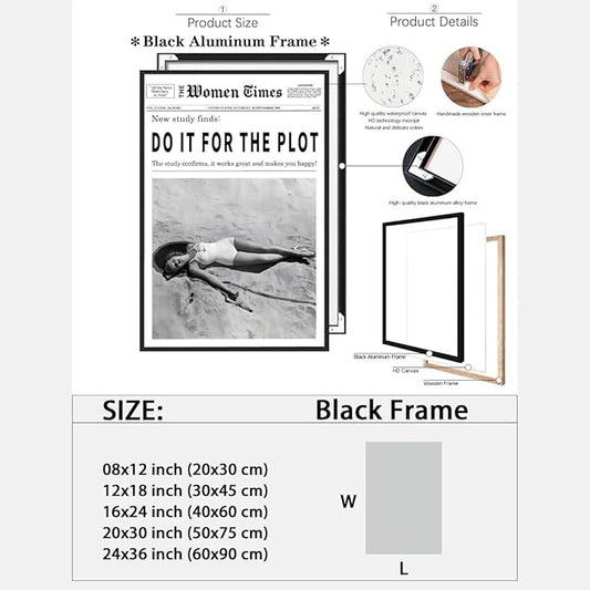 Vintage Women Times Do It for The Plot Wall Art Trendy Black and White Canvas Print Poster Vintage Woman Times Newspaper Prints Beachy Hot Girl Wall Decor for Bar Cart Girls Dorm Bedroom 24x36inch black framed