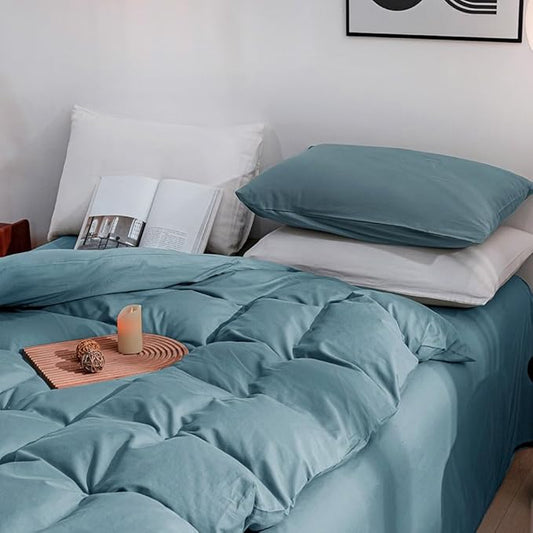 JELLYMONI Grayish Blue Duvet Cover King Size - 100% Washed Cotton Linen Like Textured Comforter Cover, 3 Pieces Lightweight Soft Bedding Set with Zipper Closure (Grayish Blue, King 104"x90")