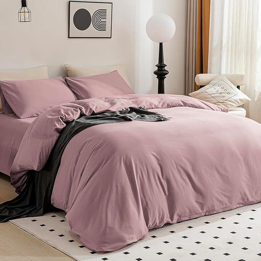 JELLYMONI Pink Duvet Cover Full Size - 100% Washed Cotton Linen Like Textured Comforter Cover, 3 Pieces Breathable Soft Bedding Set with Zipper Closure (Dusty Pink, Full 80"x90")
