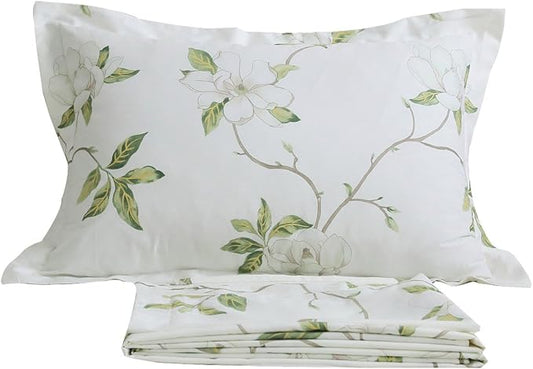 FADFAY White Floral Print Bed Sheet Sets 4-Piece King