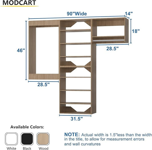 Modular Closet Organizer, 90" Wide Wardrobe Tower System with Towers and Hanging, Wall Mounted, Bedroom, Wood
