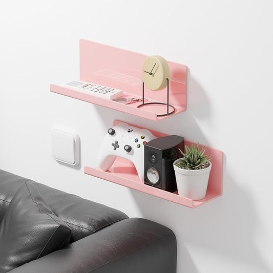 Adhesive Floating Shelves for Wall No Drilling, 12 Inch Acrylic Self Adhesive Shelves, Stick on Shelves, Dorm Wall Shelf, for Bathroom, Kitchen, Bedroom, Office, Gaming Room, Pink