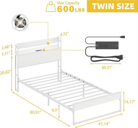 Elephance Twin Bed Frames with Charging Station and LED Lights, Metal Bed Frame with 2-Tier Storage Headboard, No Box Spring Needed, Noise Free, Easy Assembly