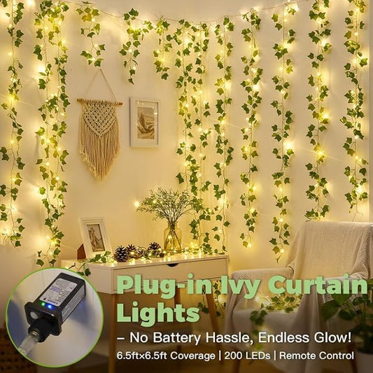 suddus 200 LED Vine with Light Plug in, 6.5ft x 6.5ft Ivy Fairy Curtain Lights with Remote, Leaf Fairy Lights for Wall,Bedroom, Dorm, Wedding, Party, Indoor Decor(Warm White)