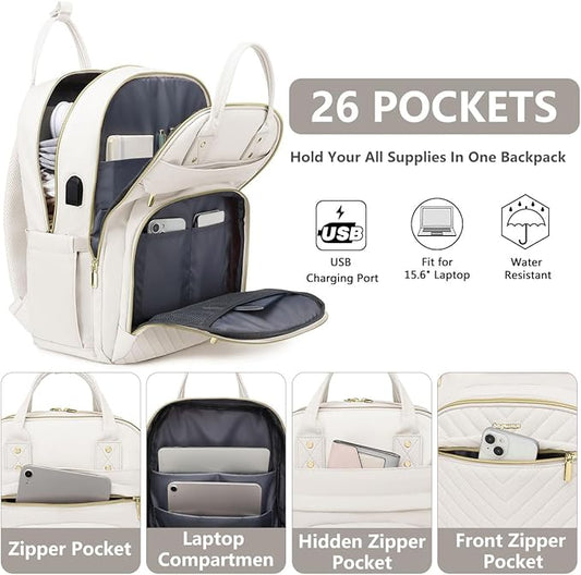 Laptop Backpack for Women Work Bag - 15.6 inch Travel Backpack with USB Charger Business Computer Backpacks for Office College Back pack for Teacher Casual Waterproof Bookbag for Nurses Beige