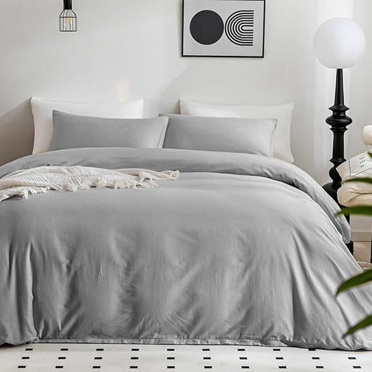 JELLYMONI Cotton Duvet Cover Twin Size - 100% Washed Cotton Linen Like Textured Comforter Cover, 2 Pieces Breathable Soft Bedding Set with Zipper Closure (Light Gray, Twin 68"x90")