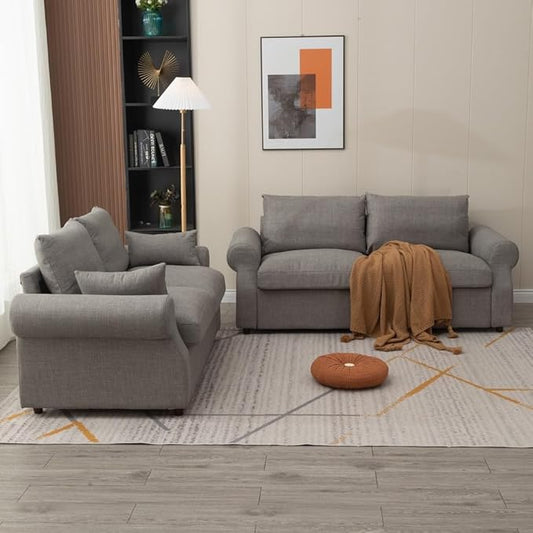 Panana Modern 2 and 3 Seats Loveseat Sofa Couch with Storage, Small Love Seat Couches for Living Room, Bedroom, Apartment, Office (Light Gray Linen Fabric, Scroll Arm - 2 and 3 Seater Set)