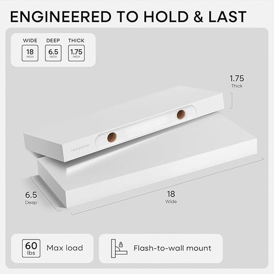 Homeforia White Floating Shelf 18 inch, High End Solid Real Wood 18inch Bathroom Floating Shelves for Wall Mounted, White Wooden 18in Floating Shelves, Heavy Duty Bracket, 18 X 6.5 X 1.75 in, Set of 3