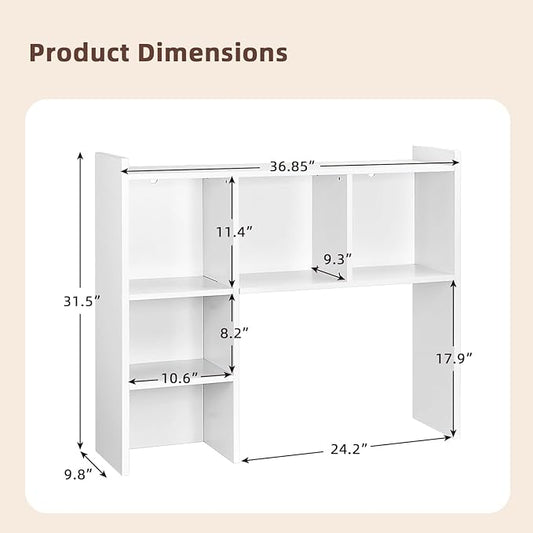 OOOK Desk Hutch, Desktop Bookshelf with 5 Shelves, Wood Desk Shelf for Computer, 3-Tier Desktop Bookshelf Organizer for Home Office Dorm, White