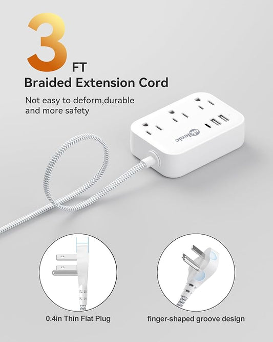 Flat Plug Power Strip with USB Ports, Flat Extension Cord 3FT with 3 AC Outlets 3 USB Ports, Short Extension Cord Outlet Splitter with No Surge Protector for Cruise Ship, Dorm Room Travel Essentials