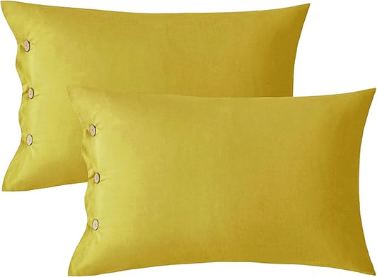 JELLYMONI Pillowcases Standard Set of 2 Cotton Button Pillow Covers 20×26in Yellow Bed Pillow Cases 100% Washed Cotton Soft Breathable (Pillows are not Included)