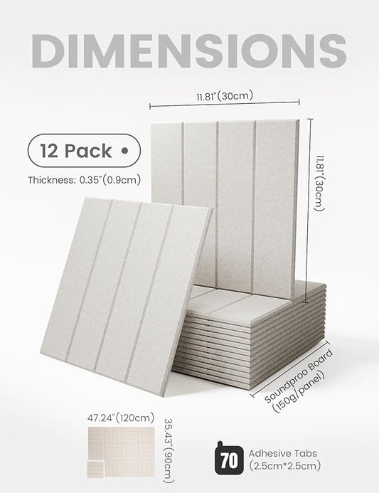 Felt Bulletin Board Tiles Large 48" x 36" Cork Board Alternative-12 Pack with 70 Adhesive Tabs, Thick Slat Wall Panels for Office Decor, Push Pin Board Wall Organizer Alternative -Oatmeal