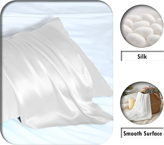 Mulberry Silk Pillowcase for Hair and Skin Pillow Case with Hidden Zipper Soft Breathable Smooth Cooling Silk Pillow Covers for Sleeping (White, King(20"X 36"))